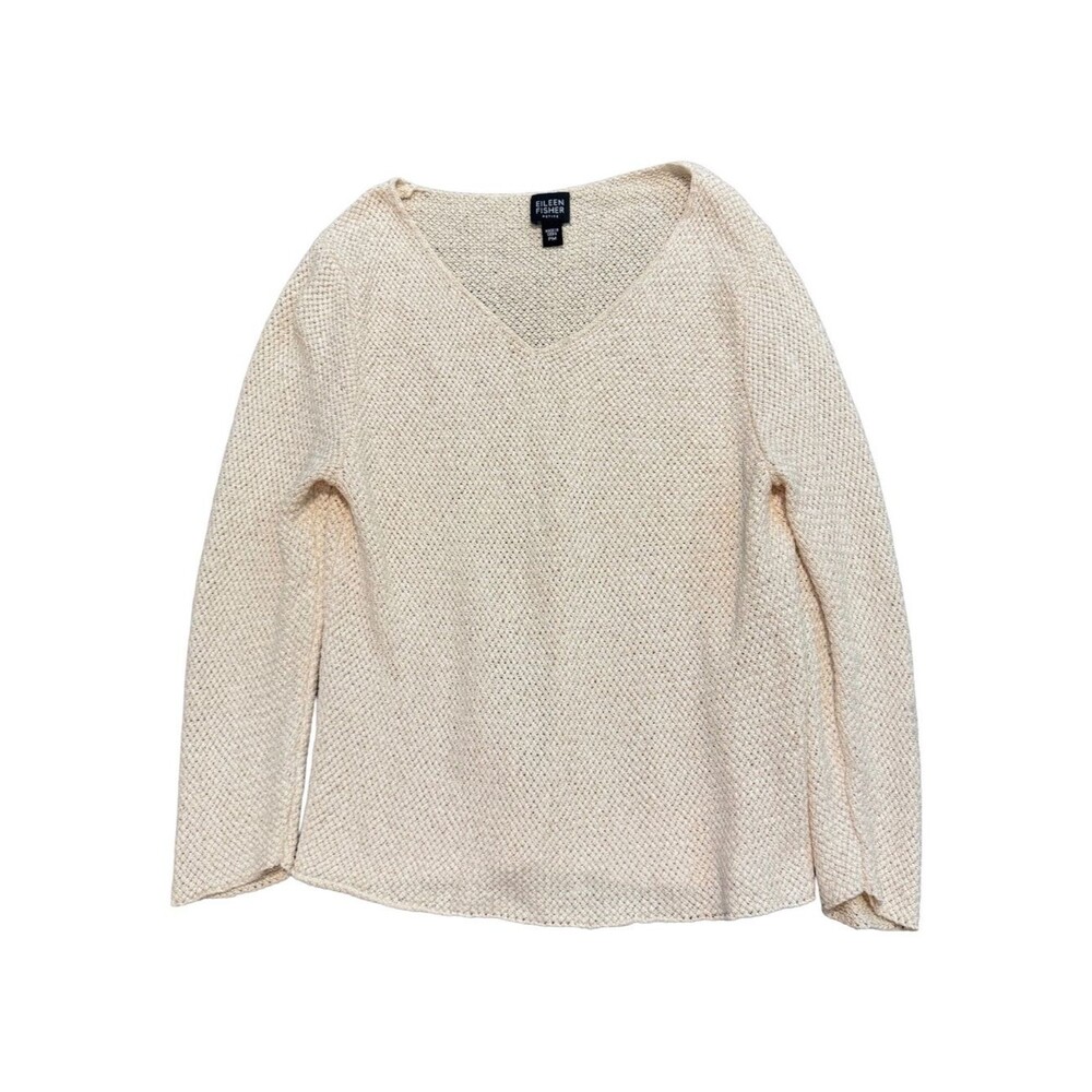 Eileen Fisher Knit Blouse Womens PM Textured V Neck Top Cream Layer Silk Beach